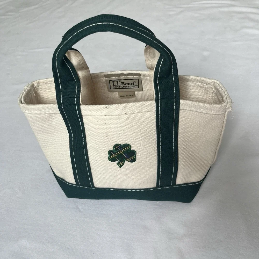 LL Bean Mini Boat And Tote Clover Embroidered USA Made Canvas Green 6'' Lucky 🍀